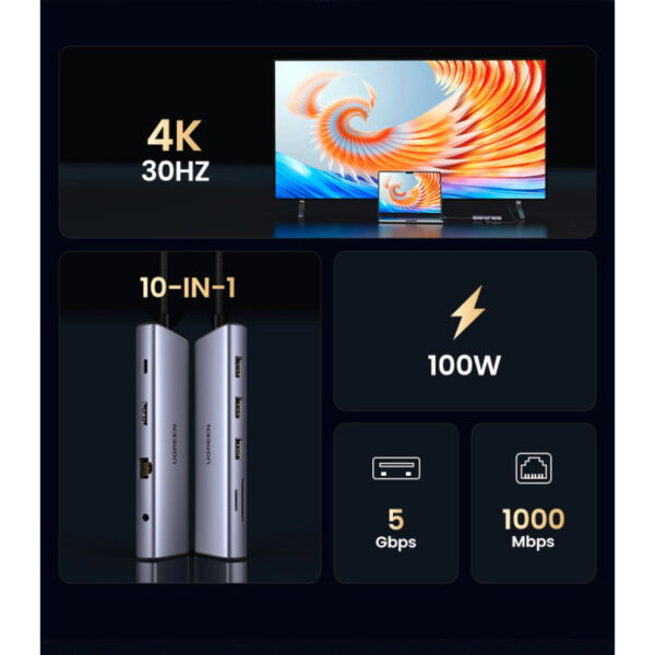 UGREEN USB Hub USB-C na 3×USB3.0, VGA, HDMI, RJ45 G-LAN, SD/TF, PD, 3.5mm, sivi