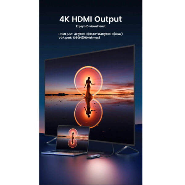 UGREEN USB Hub USB-C na 3×USB3.0, VGA, HDMI, RJ45 G-LAN, SD/TF, PD, 3.5mm, sivi