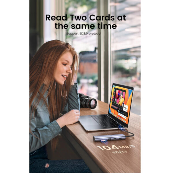 UGREEN USB Hub USB-C na 3×USB3.0, VGA, HDMI, RJ45 G-LAN, SD/TF, PD, 3.5mm, sivi