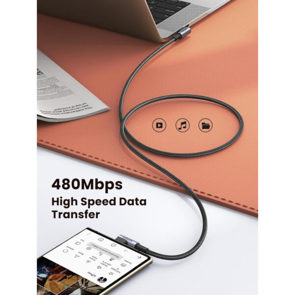 UGREEN USB-C (M) na USB-C (M), kutni 90°, 60W, 3A, PD 3.0, QC 4.0, pleteni kabel, 1m