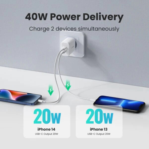 UGREEN zidni punjač 40W, 2×USB-C, PD3.0/QC4.0+, bijeli