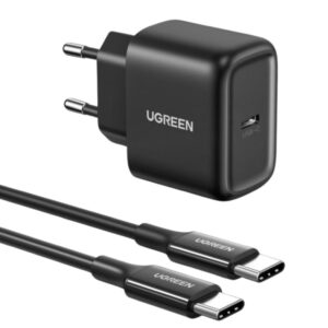 66415_01 UGREEN zidni punjač 25W, USB-C, PD3.0/QC4.0, crni + USB-C/USB-C kabel 2.0m