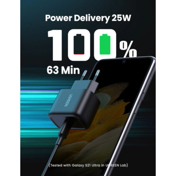 66415_02 UGREEN zidni punjač 25W, USB-C, PD3.0/QC4.0, crni + USB-C/USB-C kabel 2.0m
