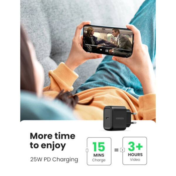 66415_03 UGREEN zidni punjač 25W, USB-C, PD3.0/QC4.0, crni + USB-C/USB-C kabel 2.0m