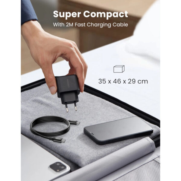 66415_04 UGREEN zidni punjač 25W, USB-C, PD3.0/QC4.0, crni + USB-C/USB-C kabel 2.0m