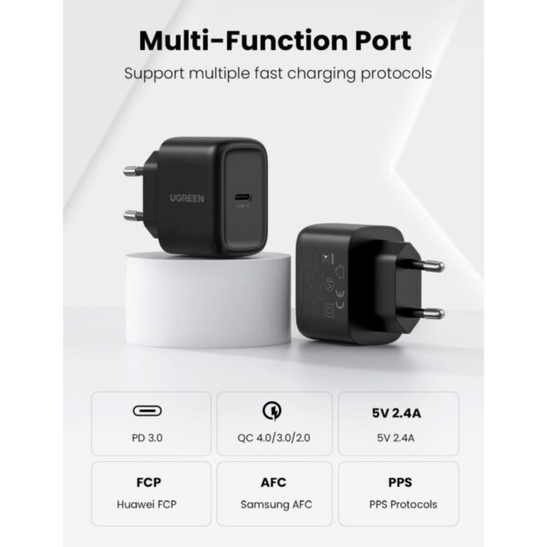 66415_05 UGREEN zidni punjač 25W, USB-C, PD3.0/QC4.0, crni + USB-C/USB-C kabel 2.0m