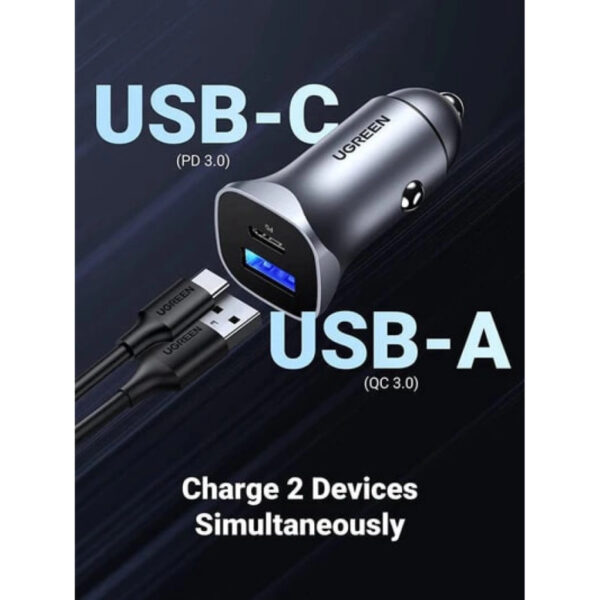 66503_03 UGREEN auto punjač 24W, USB-C+USB-A, PD3.0/QC3.0, srebrni