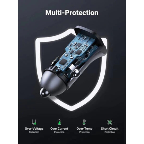 66503_05 UGREEN auto punjač 24W, USB-C+USB-A, PD3.0/QC3.0, srebrni