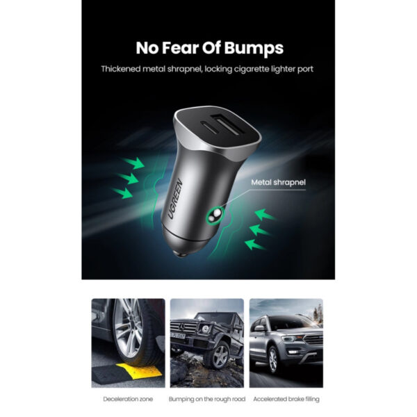 66506_03 UGREEN auto punjač 30W, USB-C+USB-A, PD3.0/QC3.0, sivi