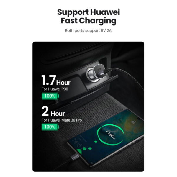 66506_05 UGREEN auto punjač 30W, USB-C+USB-A, PD3.0/QC3.0, sivi