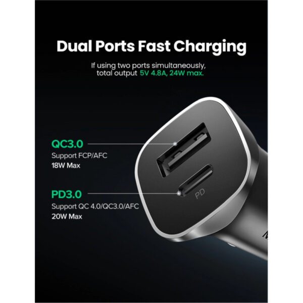 66506_07 UGREEN auto punjač 30W, USB-C+USB-A, PD3.0/QC3.0, sivi