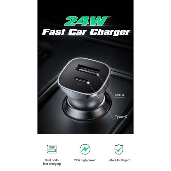 66506_08 UGREEN auto punjač 30W, USB-C+USB-A, PD3.0/QC3.0, sivi