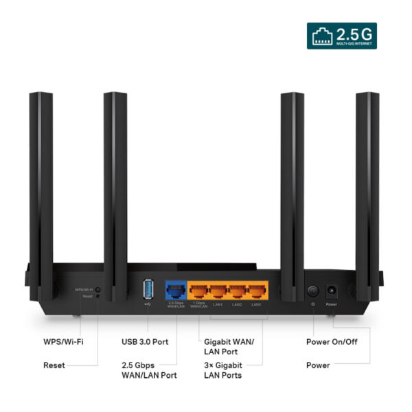 TP-Link AX3000 Archer AX55 Pro bežični usmjerivač (Dual-Band Router Wi-Fi 6) Multi-Gigabit 574 Mbps/2402 Mbps (2.4 GHz/5 GHz) 802.11ax/a/b/g/n/ac, 2×  WAN/LAN, 3× Gigabit LAN, USB 3.0, 4×fiksne antene