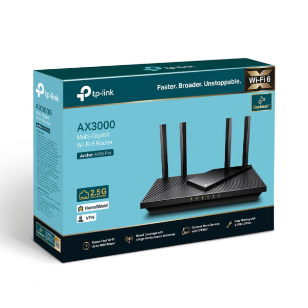 TP-Link AX3000 Archer AX55 Pro bežični usmjerivač (Dual-Band Router Wi-Fi 6) Multi-Gigabit 574 Mbps/2402 Mbps (2.4 GHz/5 GHz) 802.11ax/a/b/g/n/ac, 2×  WAN/LAN, 3× Gigabit LAN, USB 3.0, 4×fiksne antene