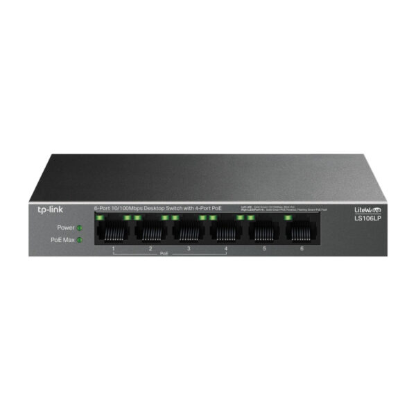 TP-Link 6-Port 10/100Mbps Desktop preklopnik (Switch), 6×10/100 Mbps RJ45 Ports (4×10/100 Mbps 802.3af PoE Ports) 802.3af, 41W PoE Power, metalno kučište