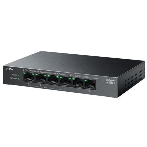 TP-Link 6-Port 10/100Mbps Desktop preklopnik (Switch), 6×10/100 Mbps RJ45 Ports (4×10/100 Mbps 802.3af PoE Ports) 802.3af, 41W PoE Power, metalno kučište