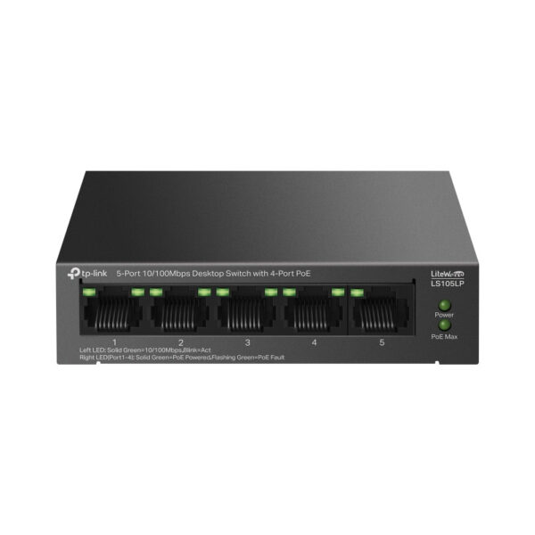 TP-Link 5-Port 10/100Mbps Desktop preklopnik (Switch), 5×10/100 Mbps RJ45 Ports (4×10/100 Mbps 802.3af PoE Ports) 802.3af, 41W PoE Power, metalno kučište