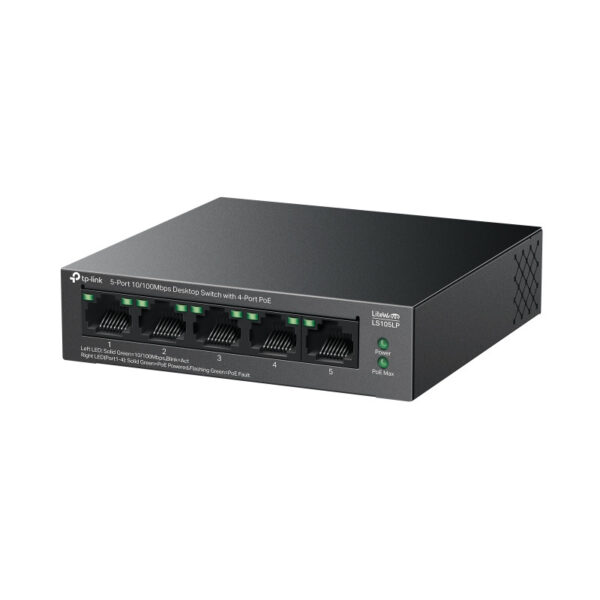 TP-Link 5-Port 10/100Mbps Desktop preklopnik (Switch), 5×10/100 Mbps RJ45 Ports (4×10/100 Mbps 802.3af PoE Ports) 802.3af, 41W PoE Power, metalno kučište