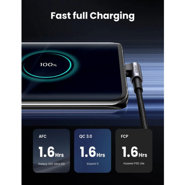 UGREEN USB-C (M) na USB-A (M), kutni 90°, 18W, 3A, pleteni kabel, 1m
