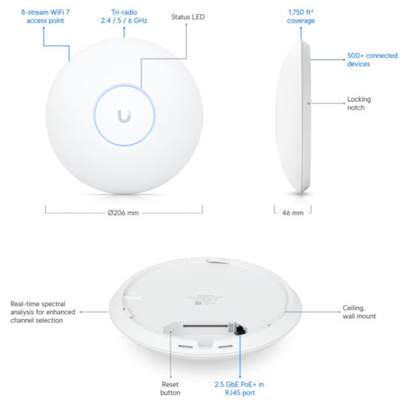 Ubiquiti UniFi U7-Pro-Max Wifi 7 PoE+ stropna pristupna točka 1x2.5 GbE RJ45 port, 25W
