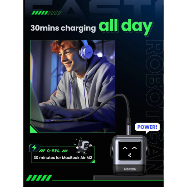 67345_04 UGREEN Robot zidni punjač 65W, 2x USB-C, 1xUSB-A, GaN, sivo crni