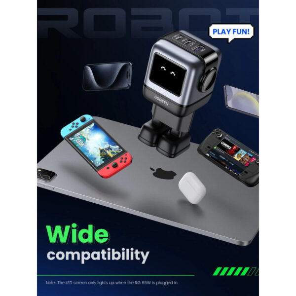 67345_07 UGREEN Robot zidni punjač 65W, 2x USB-C, 1xUSB-A, GaN, sivo crni