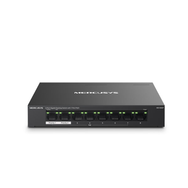 Mercusys MS108GP 8-Port Gigabit Desktop preklopnik (Switch) 7× Gigabit PoE+, 1× Gigabit Non-Po, Plug & Play, metalno kučište