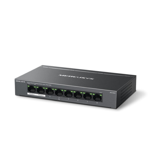 Mercusys MS108GP 8-Port Gigabit Desktop preklopnik (Switch) 7× Gigabit PoE+, 1× Gigabit Non-Po, Plug & Play, metalno kučište