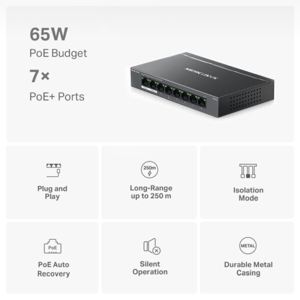 Mercusys MS108GP 8-Port Gigabit Desktop preklopnik (Switch) 7× Gigabit PoE+, 1× Gigabit Non-Po, Plug & Play, metalno kučište