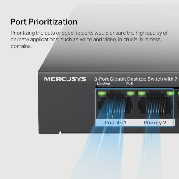 Mercusys MS108GP 8-Port Gigabit Desktop preklopnik (Switch) 7× Gigabit PoE+, 1× Gigabit Non-Po, Plug & Play, metalno kučište