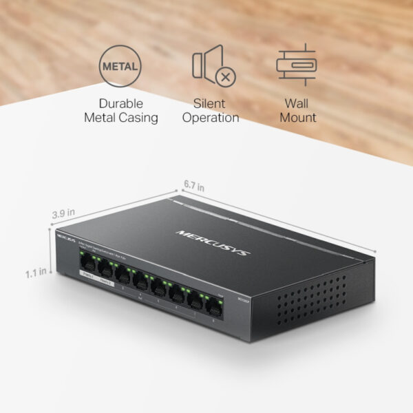 Mercusys MS108GP 8-Port Gigabit Desktop preklopnik (Switch) 7× Gigabit PoE+, 1× Gigabit Non-Po, Plug & Play, metalno kučište