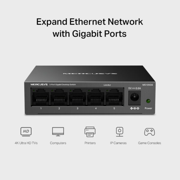 Mercusys MS105GS 5-Port Gigabit Desktop preklopnik (Switch) 5×10/100/1000Mbps, Plug & Play, Auto-Negotiation, Auto-MDI/MDIX, metalno kučište