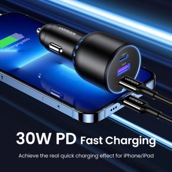 UGREEN auto punjač, 130W, 2x USB-C, USB-A, PD, QC 4.0, sivi