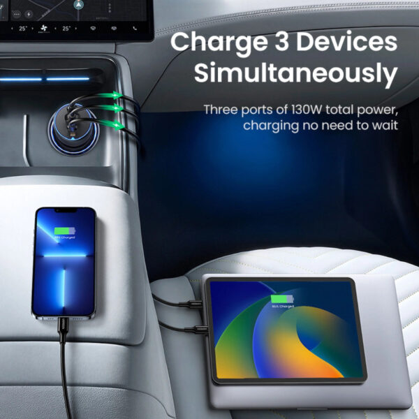 UGREEN auto punjač, 130W, 2x USB-C, USB-A, PD, QC 4.0, sivi