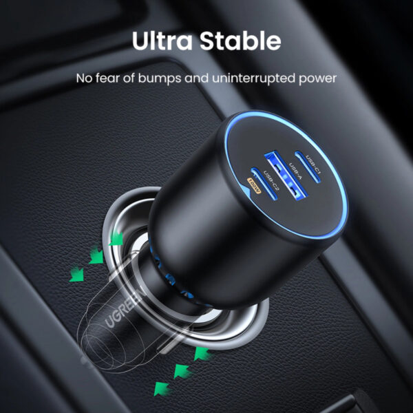 UGREEN auto punjač, 130W, 2x USB-C, USB-A, PD, QC 4.0, sivi