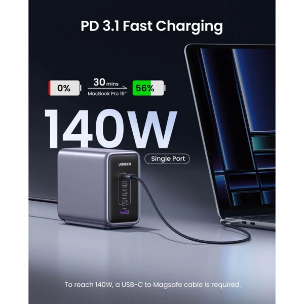 67710_08 UGREEN Nexode GaN II Tech zidni punjač 300W, 4xUSB-C, 1xUSB-A, PD, sivi
