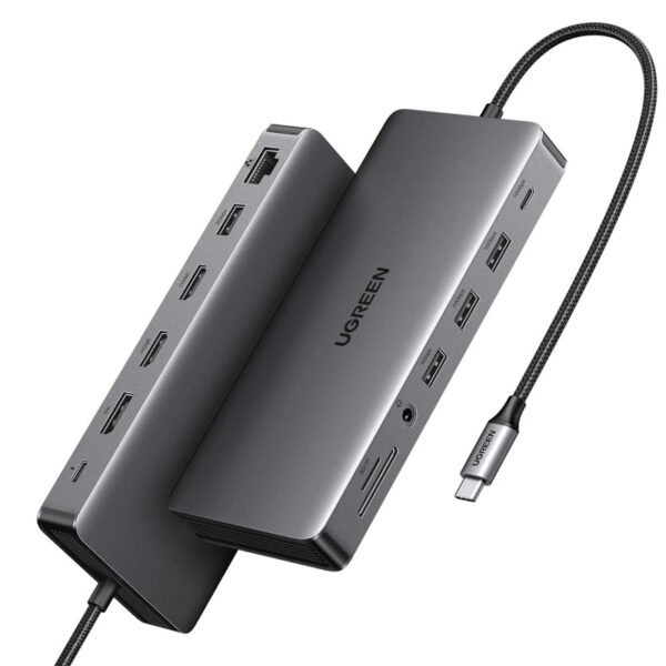 UGREEN USB Hub 13 in1, USB-C na DisplayPort 4K 60, 2x HDMI 4K60, USB-C PD 100W, USB-C, 4x USB-A, RJ45, 3.5mm, čitač kartica SD/TF