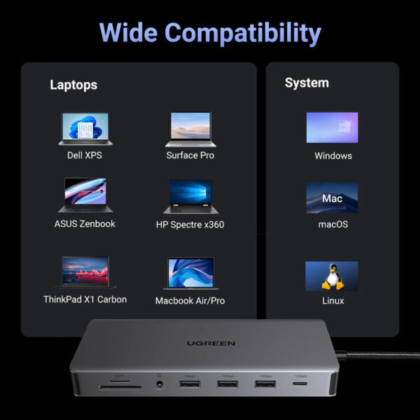 UGREEN USB Hub 13 in1, USB-C na DisplayPort 4K 60, 2x HDMI 4K60, USB-C PD 100W, USB-C, 4x USB-A, RJ45, 3.5mm, čitač kartica SD/TF