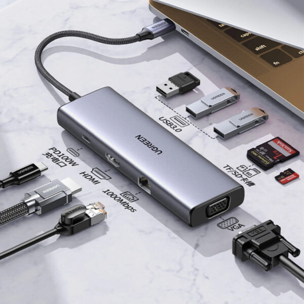 UGREEN USB Hub 9 in1, USB-C na HDMI 4K 60, VGA, USB-C PD 100W, 3x USB-A, RJ45, čitač kartica SD/TF