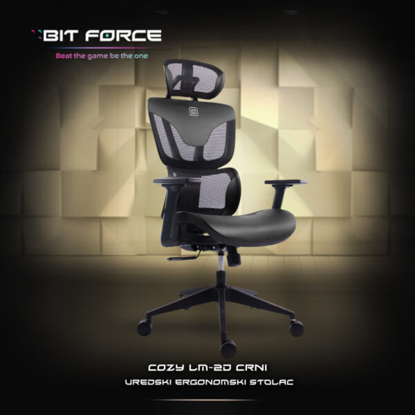 Bit Force COZY LM-2D uredska stolica, PU koža, 2D naslon za ruke, nosivost 140kg, crna