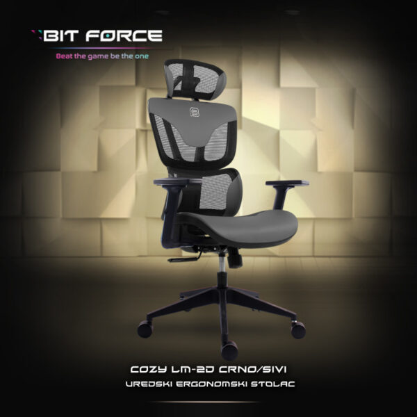 Bit Force COZY LM-2D uredska stolica, PU koža, 2D naslon za ruke, nosivost 140kg, crno/siva