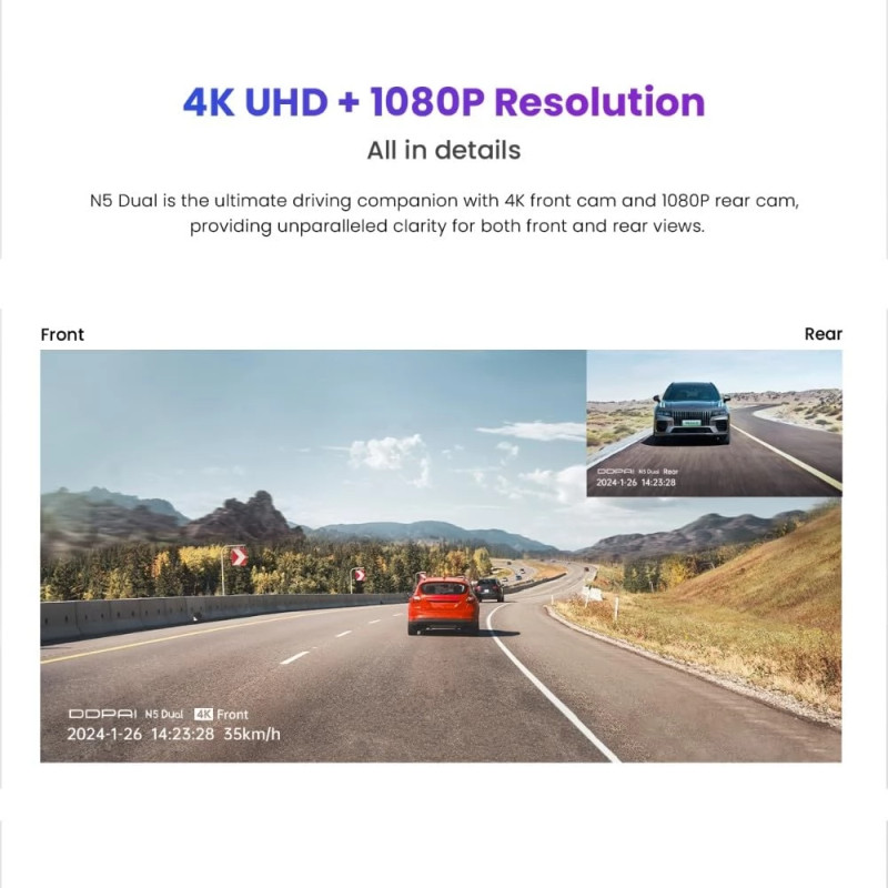 DDPAI N5 auto kamera za snimanje vožnje, 4K UHD, 140°, crna