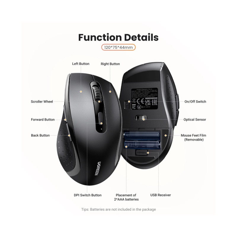 UGREEN bežični miš, 1600 DPI, USB, crni