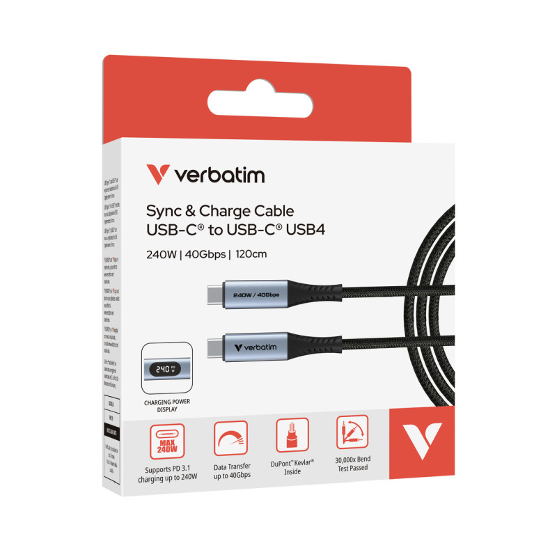 Verbatim Sync & Charge kabel USB-C na USB-C, USB4, 240W 40 Gbps zaslon 120 cm