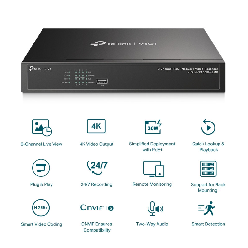TP-Link PoE+ Network video snimač, 8 kanala, 8x10/100 Mbps PoE+ Ports, H.265+/H.265/ H.264+/H.264, 8MP, 10TB HDD, 1×SATA, VGA/HDMI, RJ-45, USB2.0×2, 2xAudio, Vigi app