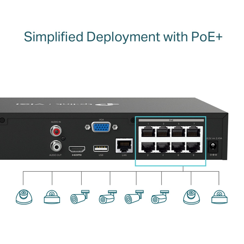 TP-Link PoE+ Network video snimač, 8 kanala, 8x10/100 Mbps PoE+ Ports, H.265+/H.265/ H.264+/H.264, 8MP, 10TB HDD, 1×SATA, VGA/HDMI, RJ-45, USB2.0×2, 2xAudio, Vigi app
