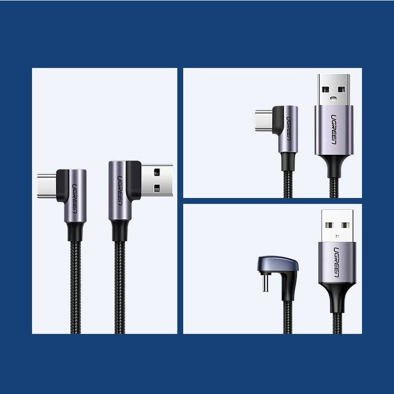 UGREEN USB-C (M) na USB 2.0 A (M), 3A, kutni 90°, crni, pleteni kabel MFi, 2m