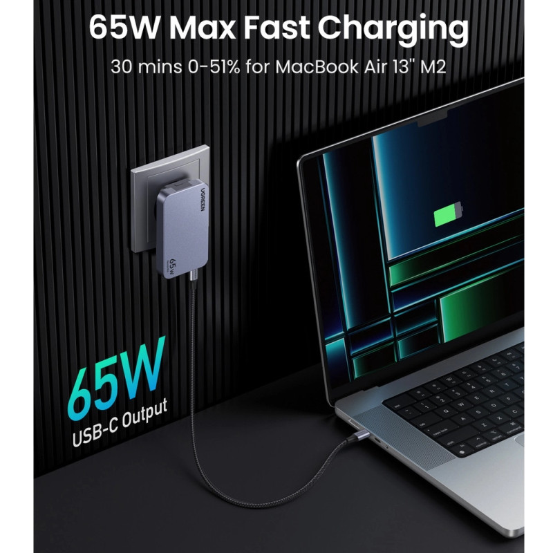 UGREEN Nexode Pro Ultra-Slim zidni punjač 65W, 2x USB-C, USB-A, GaNInfinity, sivi