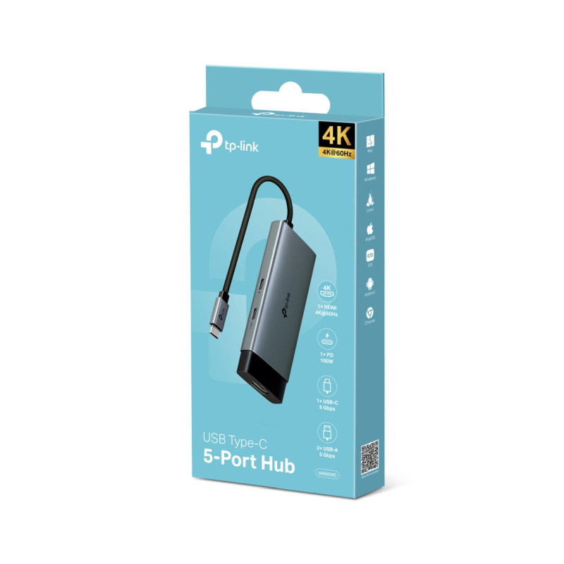 TP-Link 5-portni USB-C HUB 2xUSB-A, 1xUSB-C, 1xUSB-C PD, 1x HDMI 4K 60Hz, crni