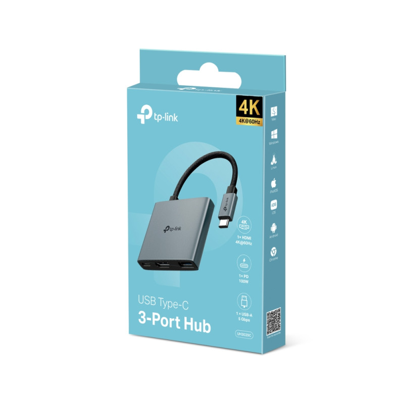 TP-Link 3-portni USB-C HUB 1xUSB-A, 1xUSB-C PD, 1x HDMI 4K 60Hz, crni